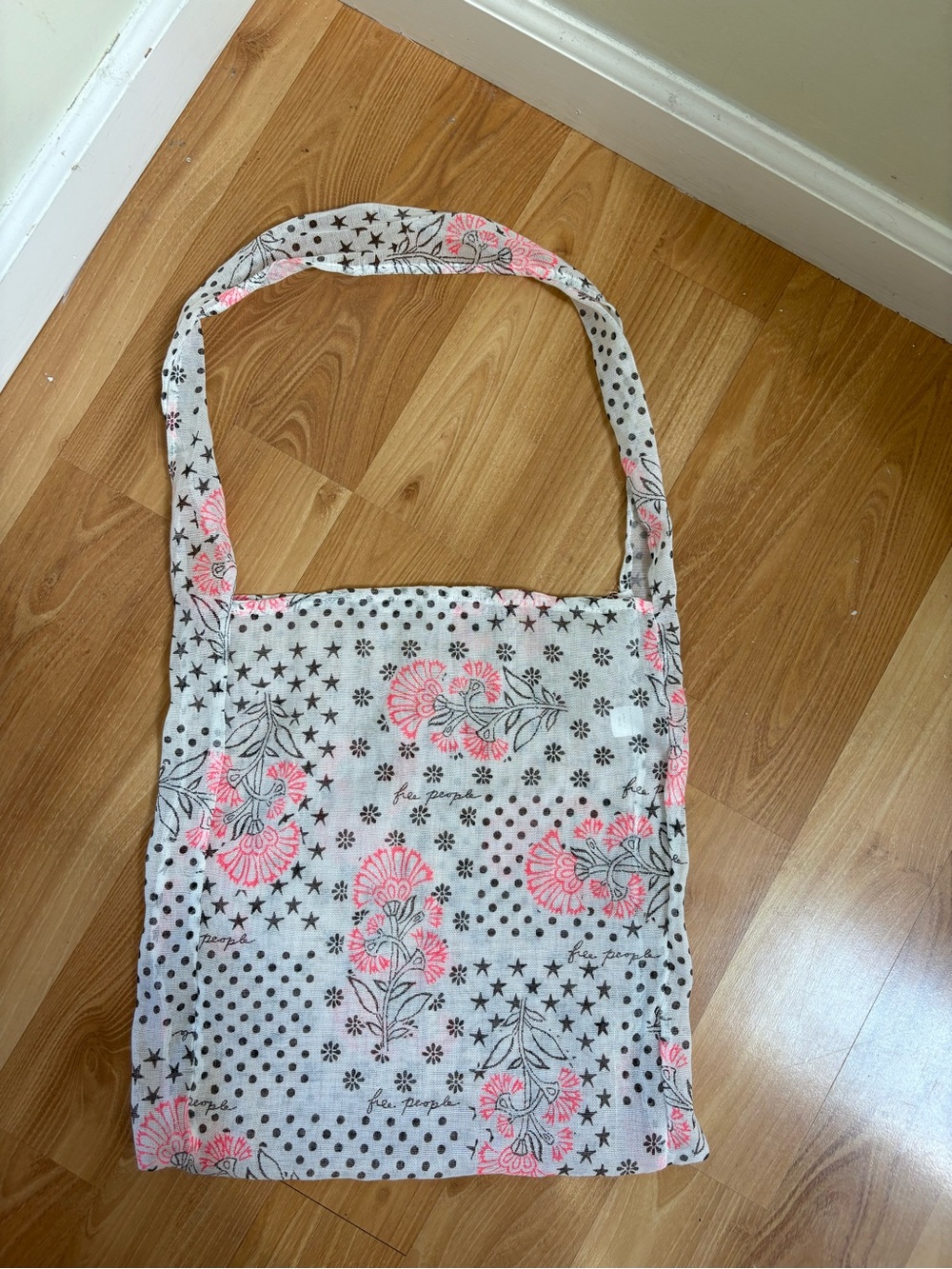 Free People White and Pink Floral Canvas Shoulder Tote